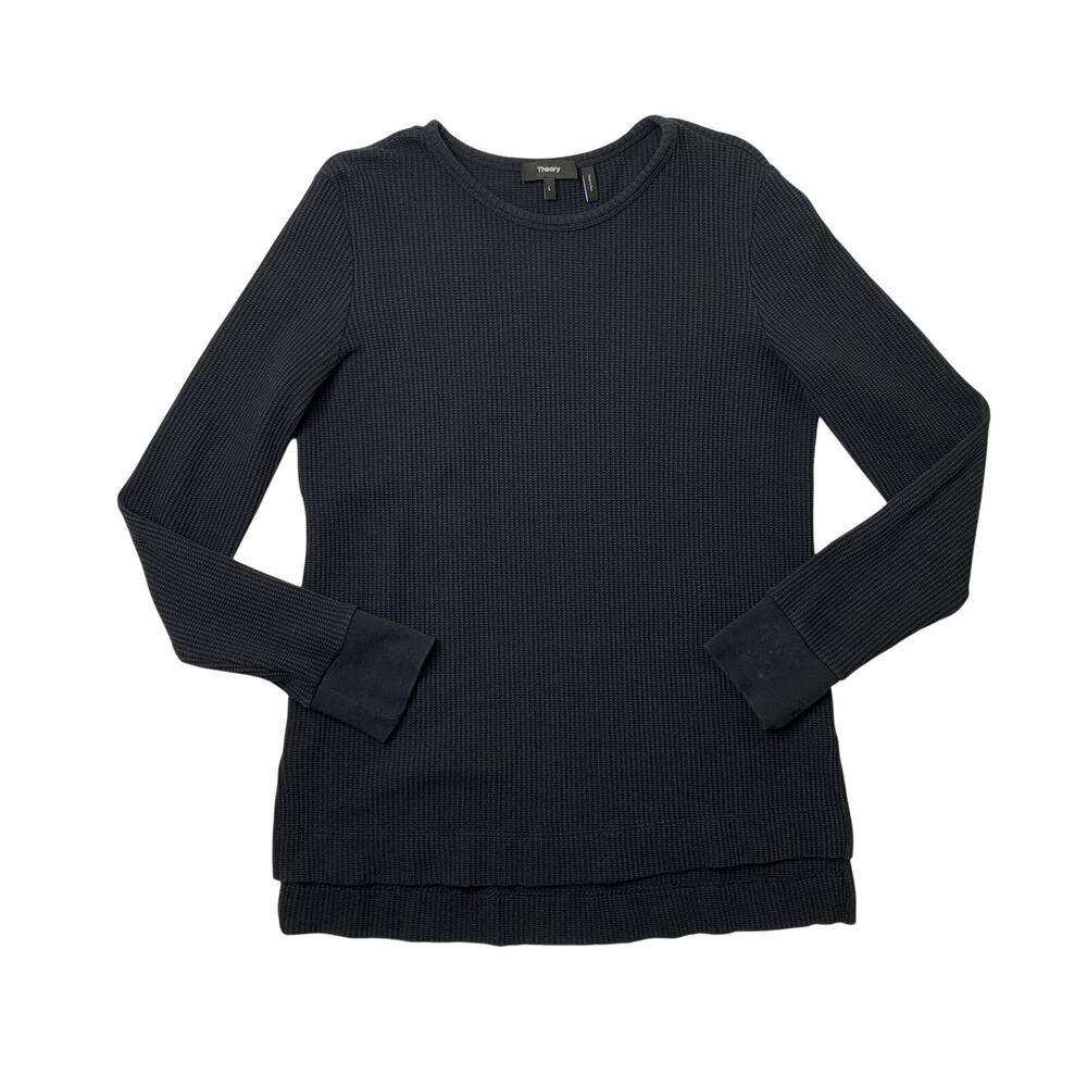 Theory Shirt Mens L Large Slim Fit Black Ailer Waffle Cotton Stretch Long Sleeve